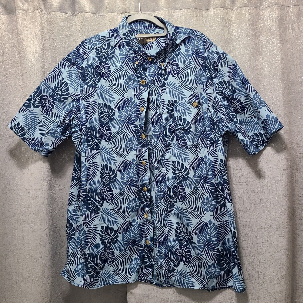 Duluth Trading Co Blue Leaf-Print Short Sleeve Button-Down Shirt